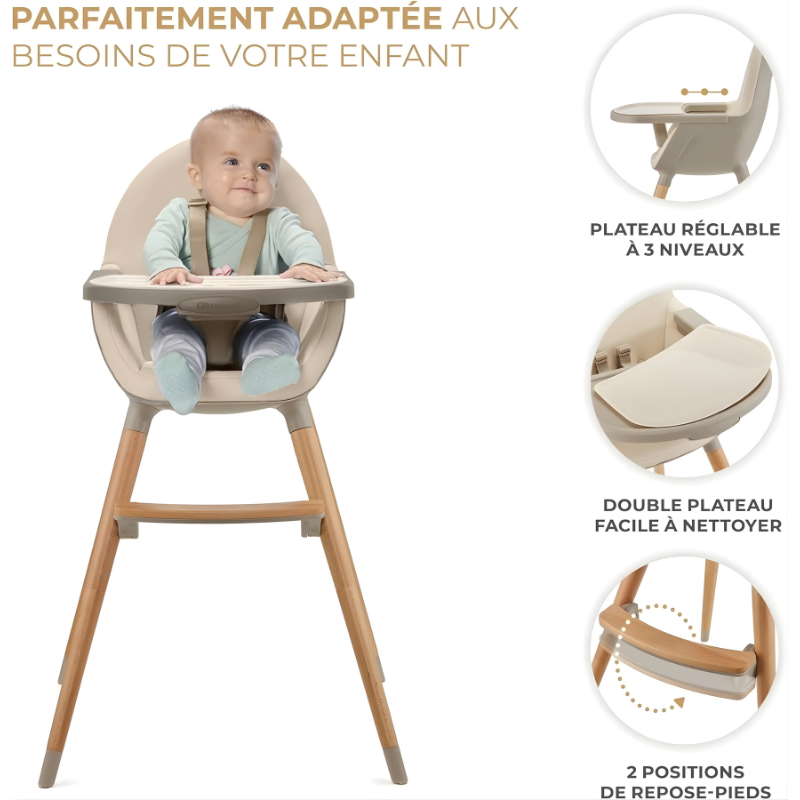 Chaise Haute Bebe Scandinave Evolutive Beige